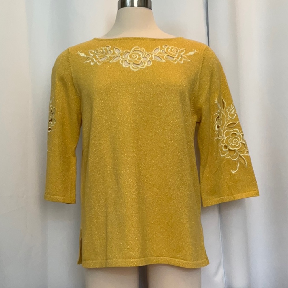 NWT Bob Mackie Wearable Art Yellow Shimmer Embroidered Tunic Sweater Women Sz M